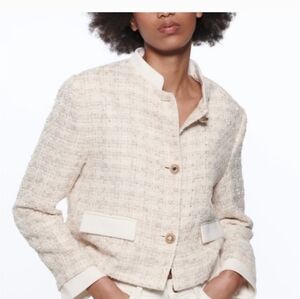 Zara Cream Tweed Cropped Jacket Textured Bouclé Gold Button M